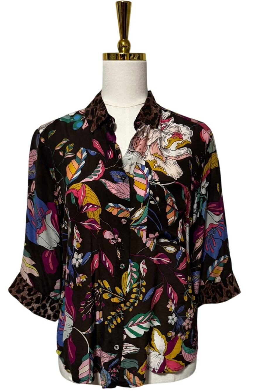 Johnny Was Workshop Arabella Boxy Silk Shirt, Floral Print Leopard Trim Size XS